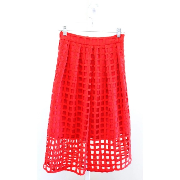 Hutch Anthropologie Soraya Red Windowpane Lace Cutout Hi Lo Midi Skirt Size 0 - Picture 1 of 9